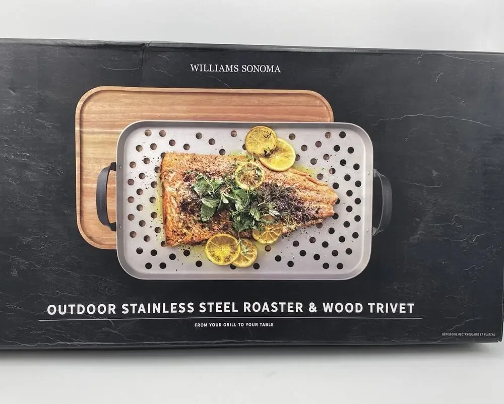 NEW Williams Sonoma Outdoor Stainless Steel Roaster Pan & Wood Trivet Set